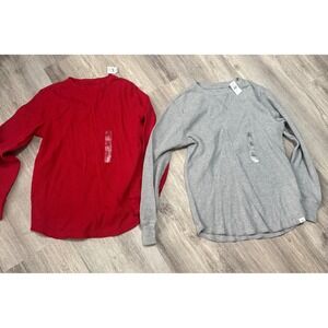 GAP Kids XL (12) Waffle Knit Long Sleeve Shirt Red Gray Crew Neck‎